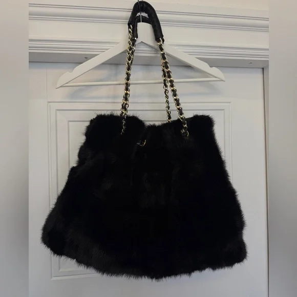 PAOLO MASI MINK FUR PURSE WITH CHAIN STRAPS BLACK GOLD - Picture 1 of 10
